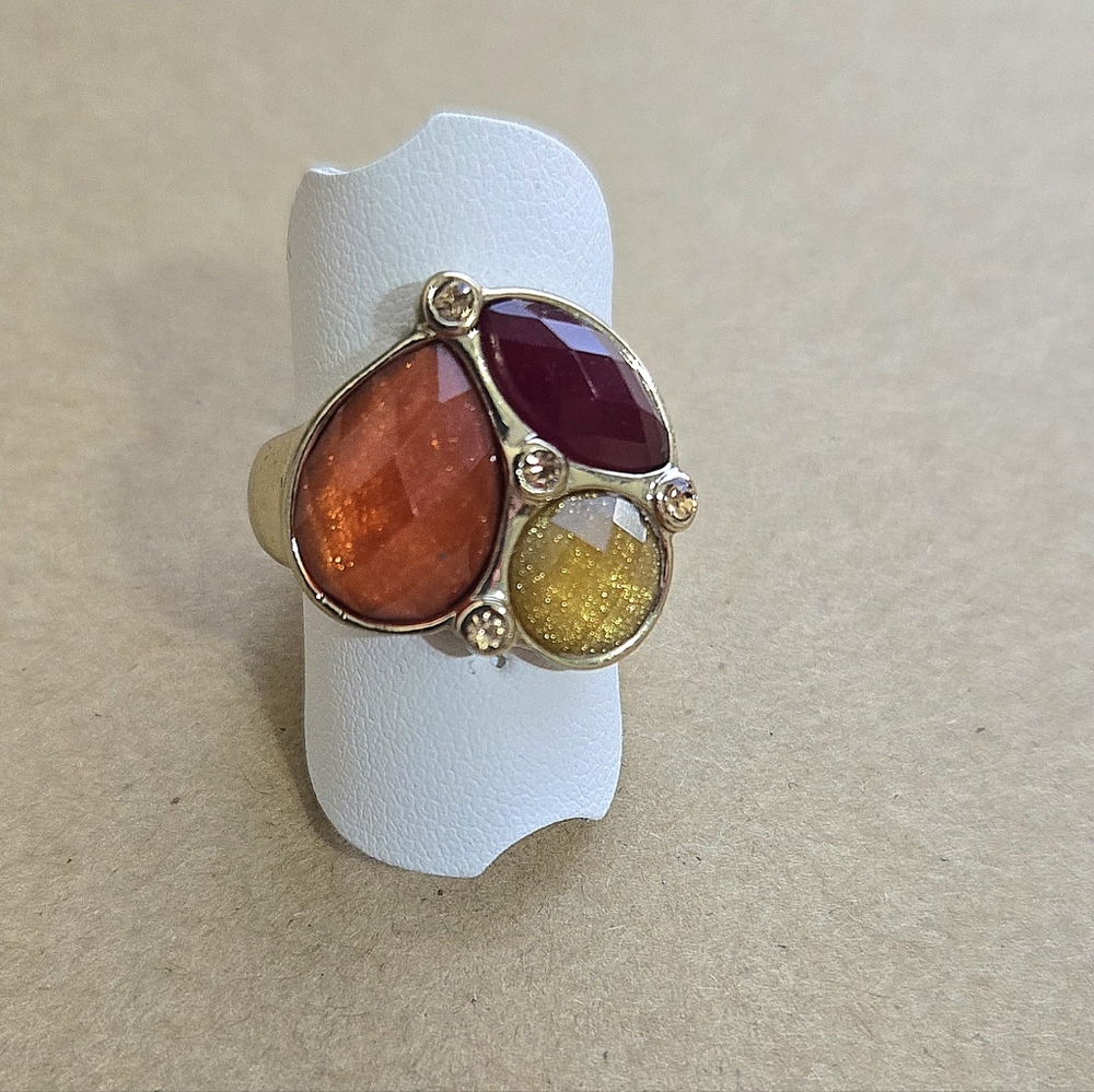 Premier Designs Gold And Orange Tone Gemstones Ring. Sz 8